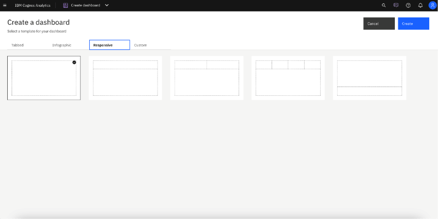 Dashboard creation screen with the "Responsive" tab selected. Several responsive layout templates are available as options for creating a new dashboard.
